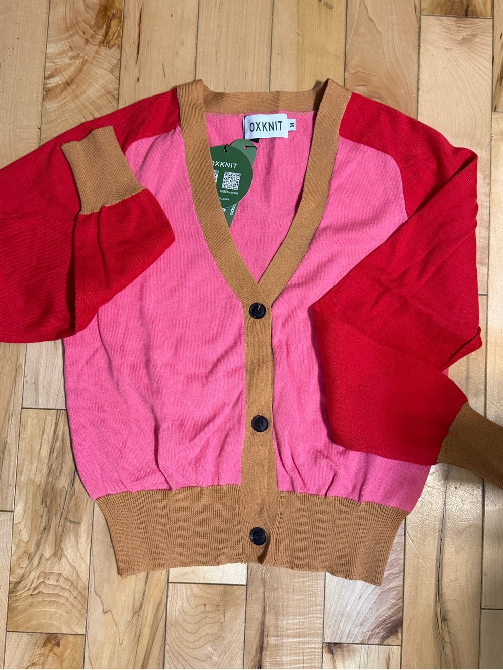 OXKNIT Colorblock V-Neck Cardigan - Pink, Red & Tan